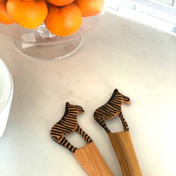 Jedando Handicrafts Hand - Carved Zebra Salad Serving Set - Picture 2 of 7